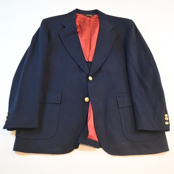 Vtg 48S Navy Blue Flannel Wool Gold Button Mens Blazer Suit Jacket Sport Coat